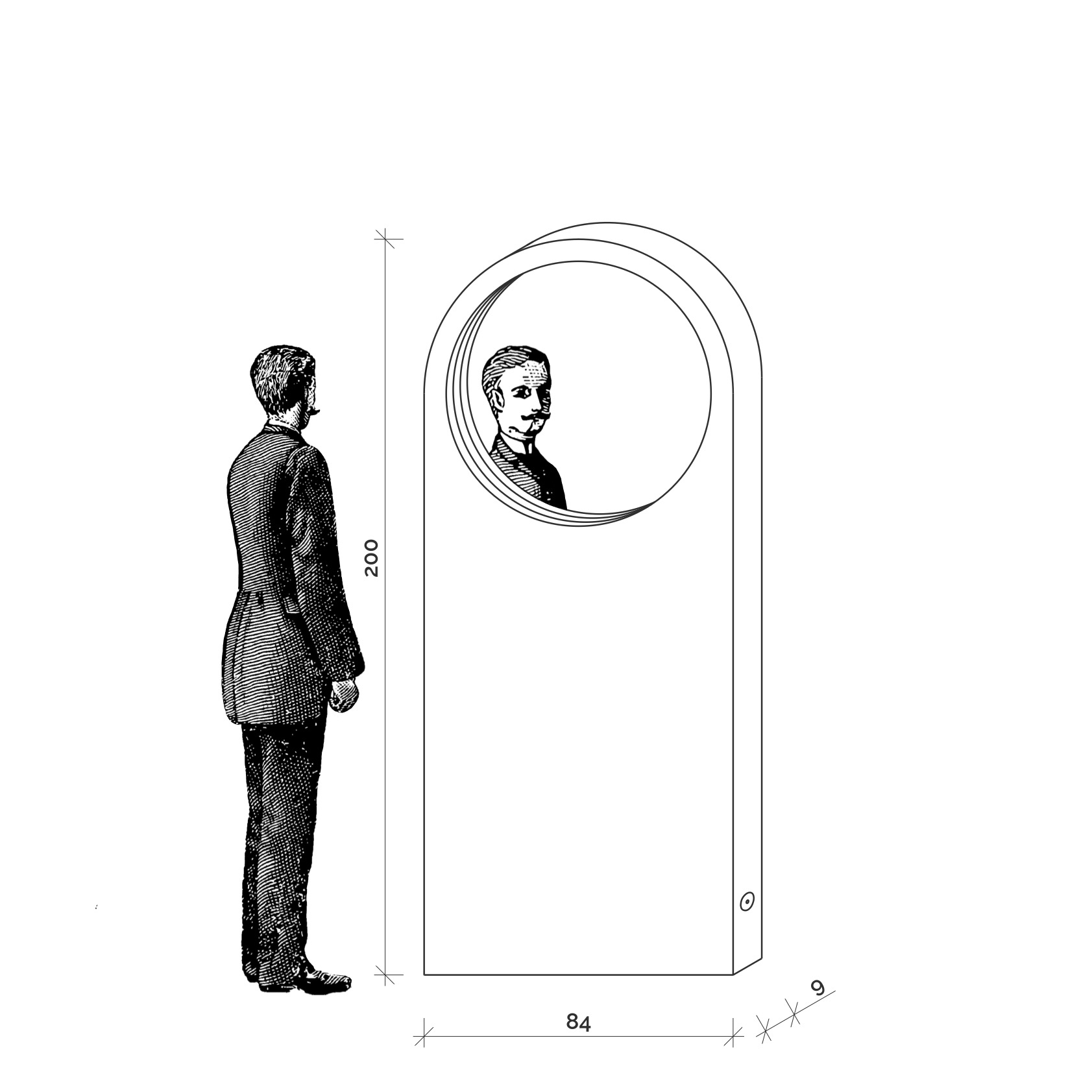 Rysunek techniczny stojącego lustra Hogai Cellist Mirror o wymiarach 84x200 cm z okrągłą taflą wpisaną w wysoką, głęboką ramę.