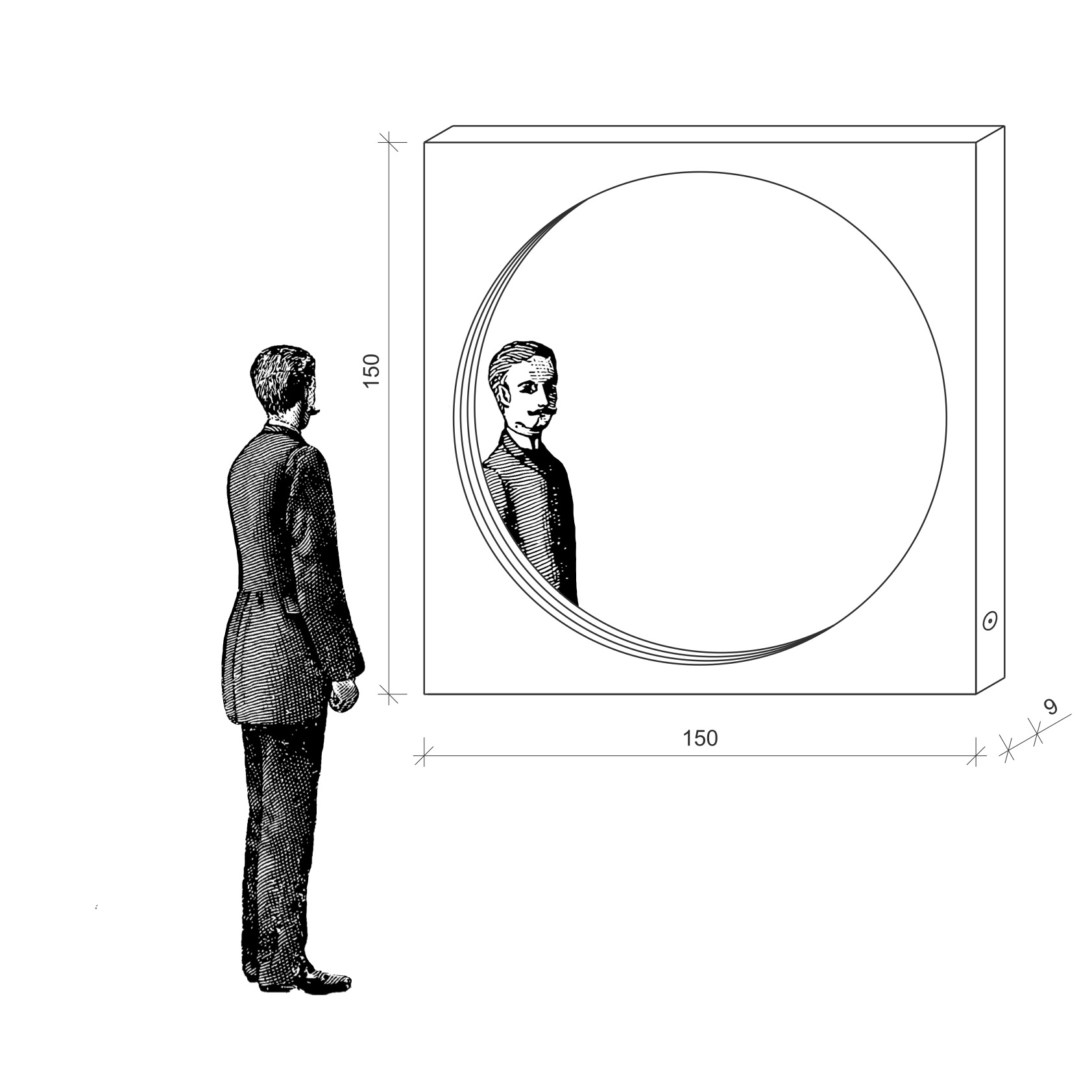 Rysunek techniczny kwadratowego lustra Hogai Drummer Mirror o wymiarach 150x150 cm z dużą, okrągłą taflą wpisaną w głęboką ramę.