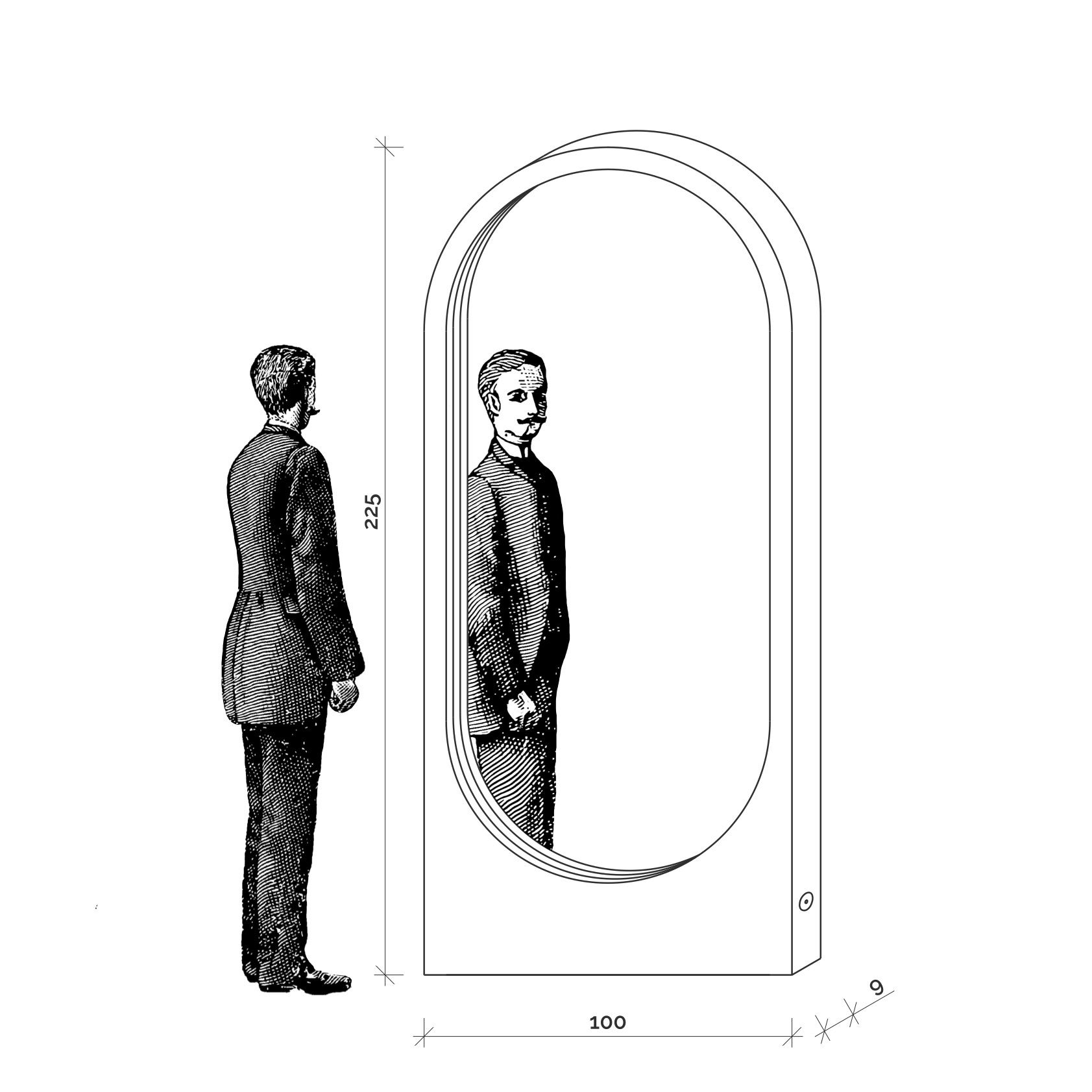 Rysunek techniczny dużego lustra stojącego Hogai Player Mirror o wymiarach 100x225 cm z charakterystyczną głęboką ramą.
