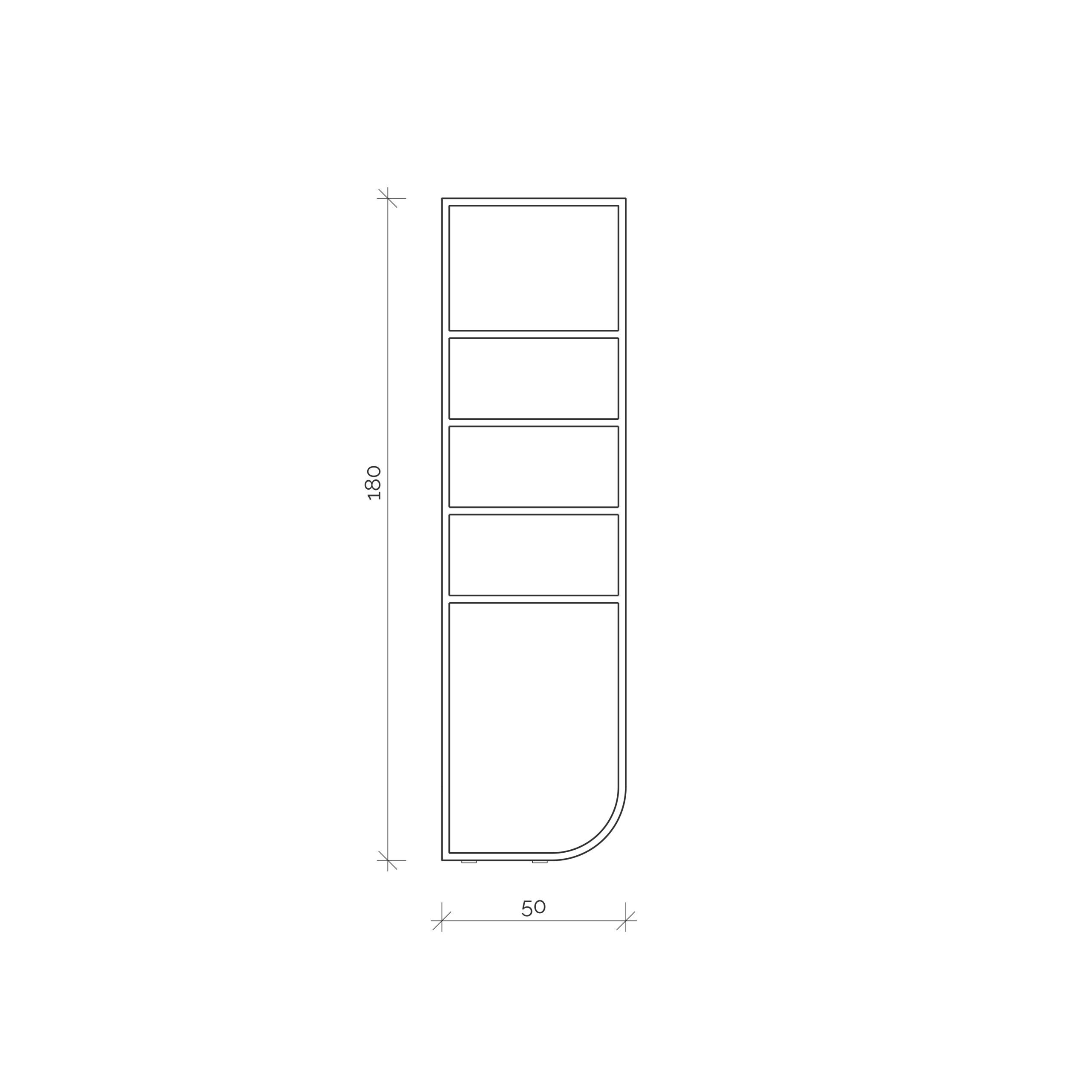 Rysunek techniczny smukłego wieszaka na ręczniki Hogai Pilot Hanger o wymiarach 50x180 cm z pięcioma szczeblami i zaokrąglonym dolnym narożnikiem.