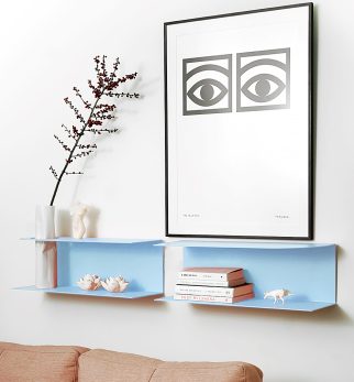 Zestaw designerskich półek metalowych Hogai – modele Miller i Smith w kolorze błękitnym Baby Blue.