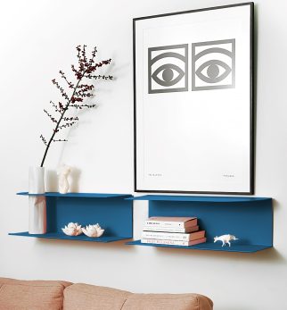 Zestaw designerskich półek metalowych Hogai – modele Miller i Smith w kolorze niebieskim Blue Jeans.