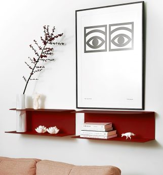 Zestaw designerskich półek metalowych Hogai – modele Miller i Smith w kolorze Burgundy Star.