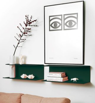Zestaw designerskich półek metalowych Hogai – modele Miller i Smith w kolorze zielonym Green Bottle.