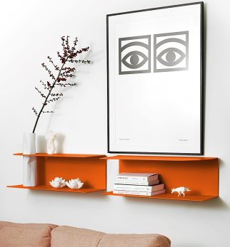 Zestaw designerskich półek metalowych Hogai – modele Miller i Smith w kolorze pomarańczowym Orange Joy.