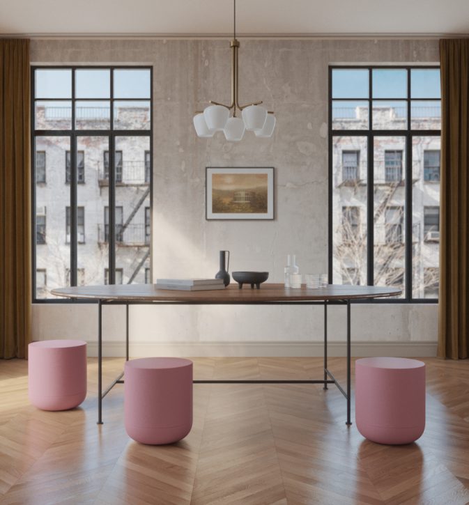 Minimalistyczny stołek Hogai Pianist Pink Power w subtelnym i radosnym odcieniu jasnego różu.