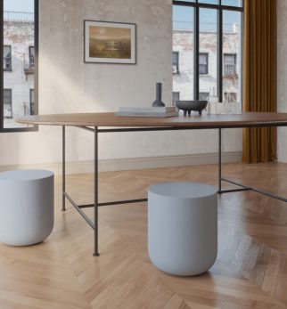 Minimalistyczny stołek Hogai Pianist Grey Flow w neutralnym i wyważonym odcieniu spokojnej szarości.