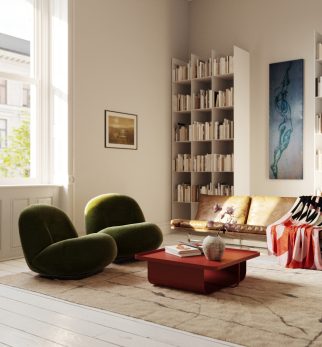 Burgundowy designerski stolik kawowy Journalist Burgundy Star Hogai – nowoczesny metalowy, o lekkiej i wyrafinowanej formie.