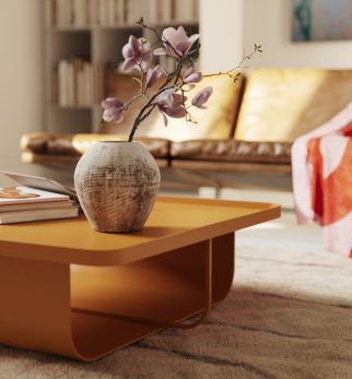 Pomarańczowy designerski stolik kawowy Journalist Orange Joy Hogai – nowoczesny metalowy, o lekkiej i wyrafinowanej formie.