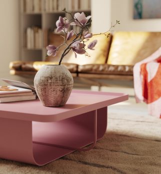 Różowy designerski stolik kawowy Journalist Pink Power Hogai – nowoczesny metalowy, o lekkiej i wyrafinowanej formie.