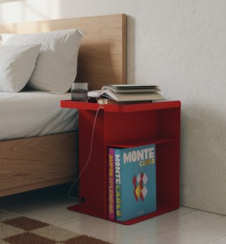 Czerwony stolik nocny Tailor Red Light Hogai – nowoczesny metalowy stolik o lekkiej i pojemnej formie.