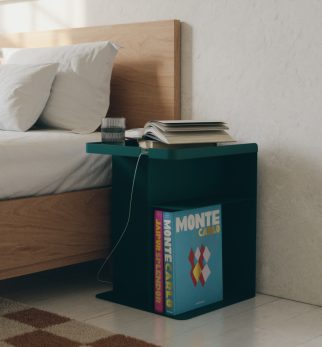 Zielony stolik nocny Tailor Green Bottle Hogai – nowoczesny metalowy stolik o lekkiej i pojemnej formie.