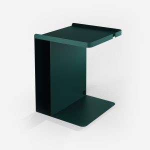 Zielony stolik nocny Tutor Green Bottle Hogai – nowoczesny stolik metalowy o asymetrycznej formie.