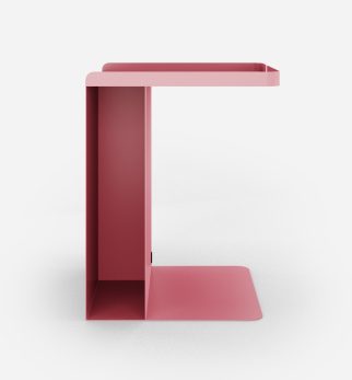 Różowy stolik nocny Tutor Pink Power Hogai – nowoczesny stolik metalowy o asymetrycznej formie.