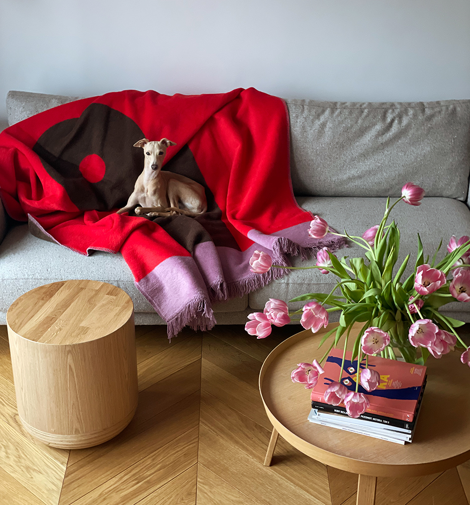 Koc bawełniany exclamation brown point hogai – dwustronny koc w kolorach czekoladowego brązu i ostrej czerwieni.