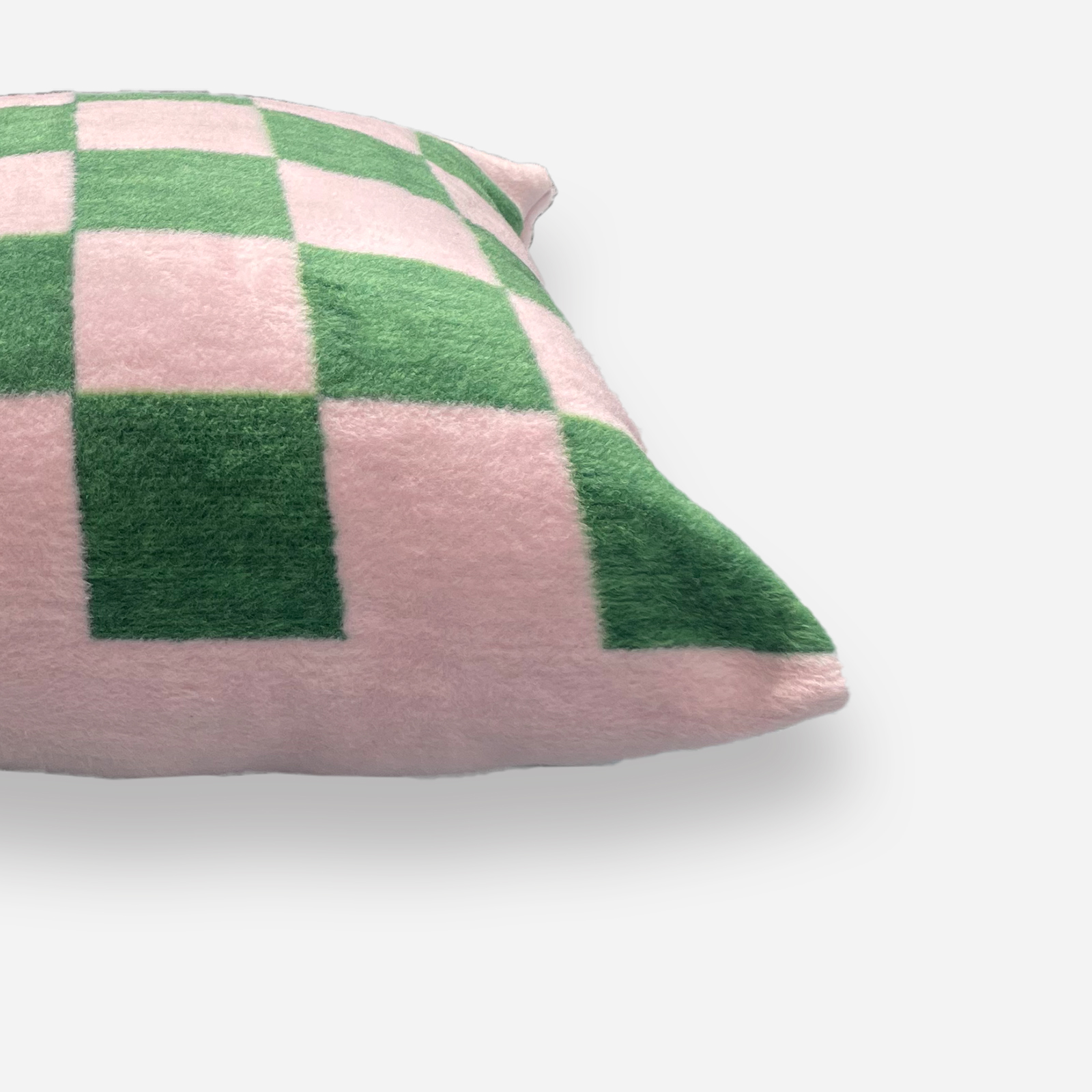 Puszysta poduszka w szachownicę Chess Pink-Green Hogai – miękka poduszka żakardowa różowo-zielona.