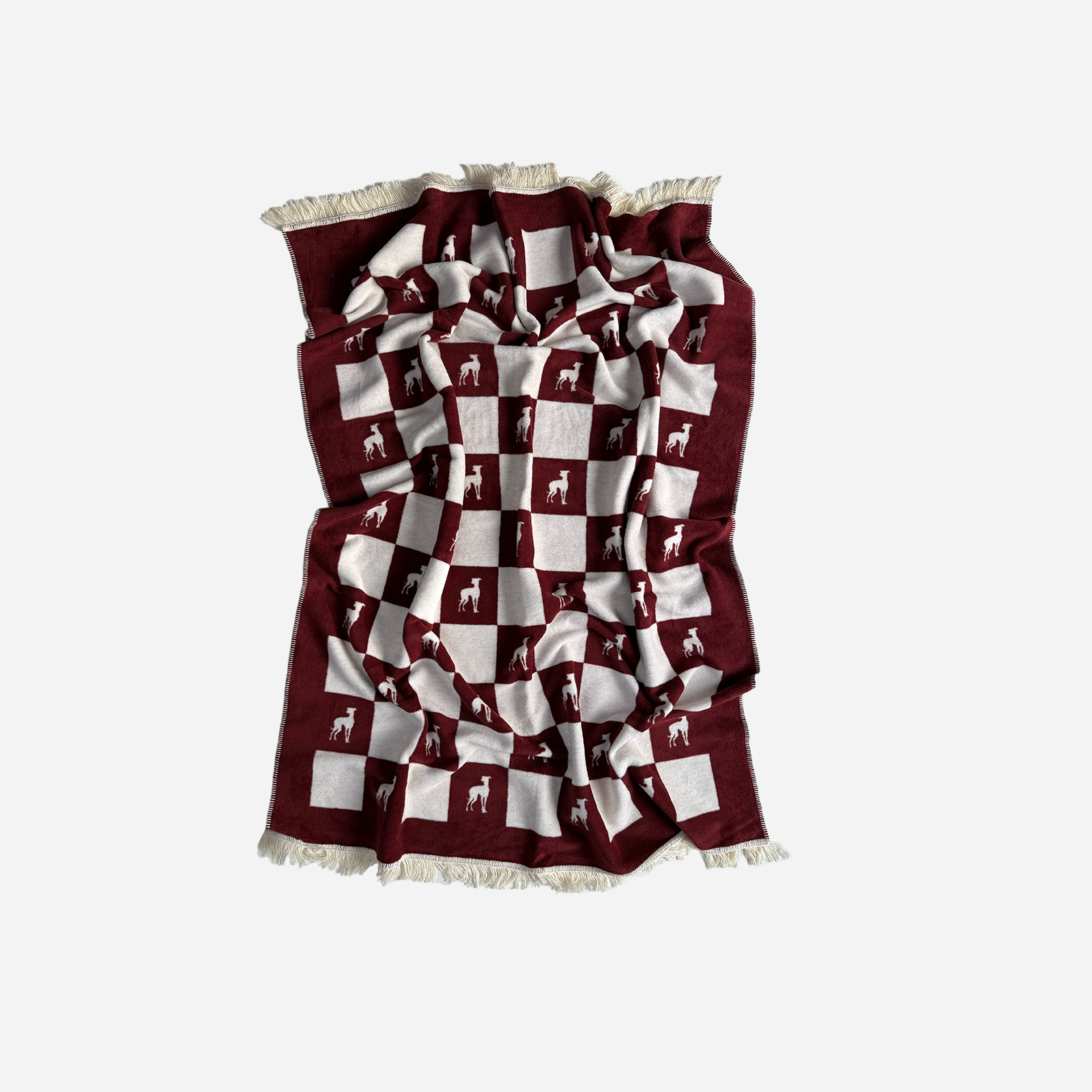BurgundyLola_podl1 | Hogai Bawełniany koc burgundy lola z kolekcji iggy – designerski pled hogai z motywem psa