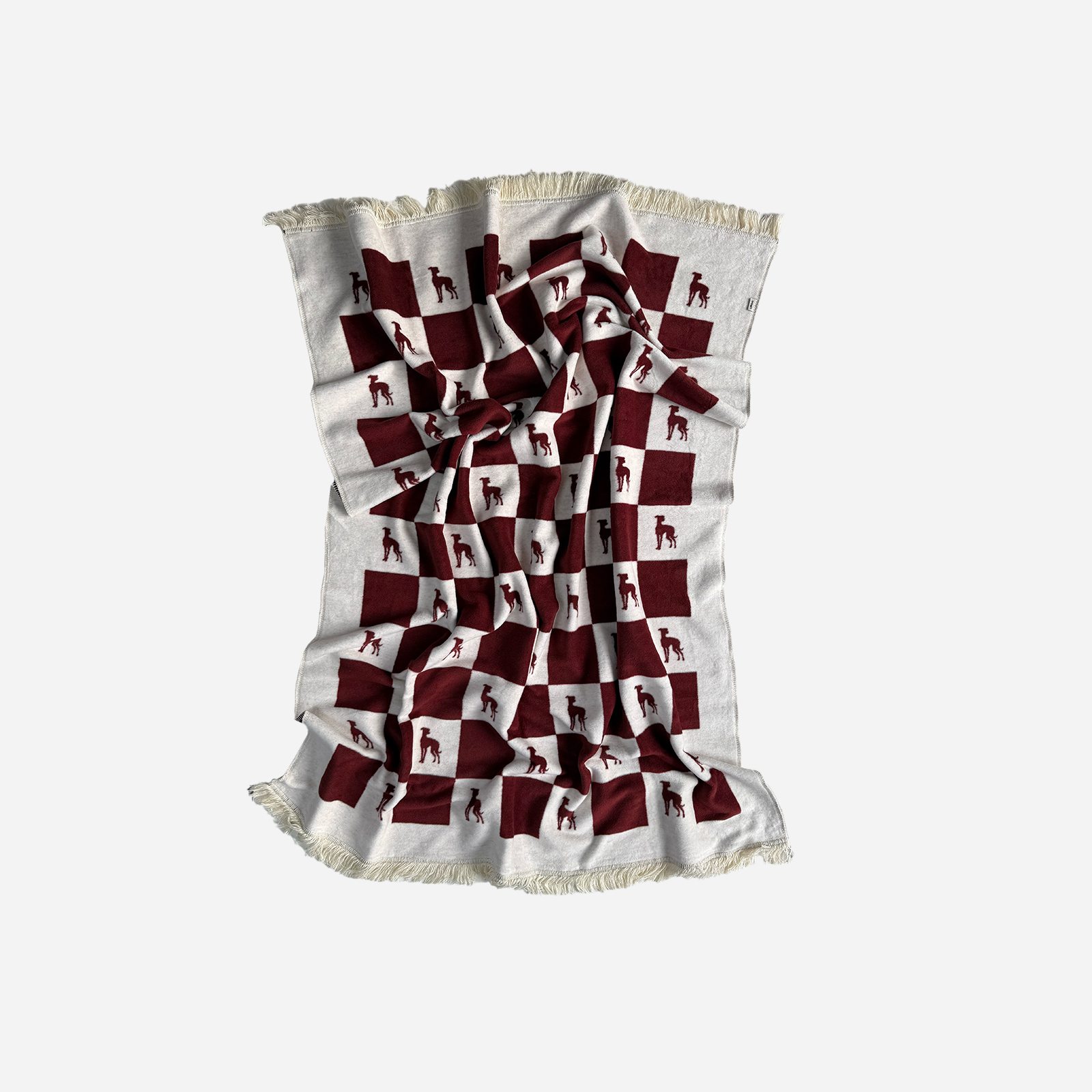 BurgundyLola_podl2 | Hogai Bawełniany koc burgundy lola z kolekcji iggy – designerski pled hogai z motywem psa